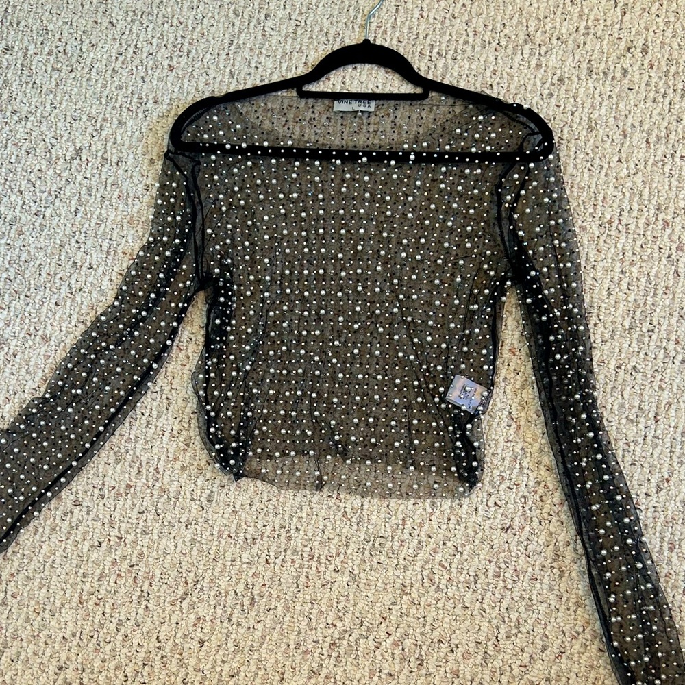 Sheer shirt with pearl and rhinestone detail